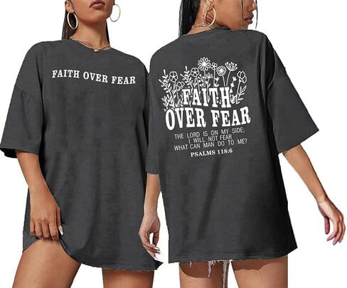 Christian Shirts for Women Faith Over Fear Oversized Graphic tees Jesus Shirt Bible Verse Casual Short Sleeve Top in Saudi Arabia