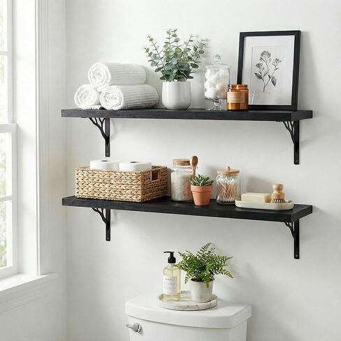 48Inch Solid Pine Wood Floating Shelves Set of 2, Black Wood Wall-Mounted Storage Shelves with Heavy-Duty Metal Brackets | Decorative Hanging Book Shelf for Living Room,Bedroom,Bathroom,Kitchen in Saudi Arabia