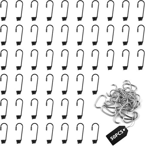 80 Pieces Plastic Coated Bungee Cord Hooks with 80 Pieces C-Shape Rings, Spiral Shock Bungee Hooks, for Elastic Rope, Boating, Camping, Auto and Outdoor Uses, Black in Saudi Arabia