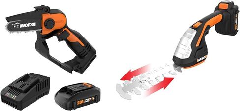 منشار كهربائي صغير لاسلكي Worx 20V 5 بوصة، 3.9 رطل، سرعة سلسلة 22 قدمًا/ثانية، بطارية مشاركة الطاقة، واقي علوي ويد WG324 - بطارية وشاحن متضمنان in Kuwait