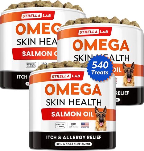STRELLALAB Omega 3 for Dogs - (180Ct) Fish Oil Treats - Allergy & Itch Relief Skin & Coat Supplement - Dry Itchy Skin, Anti Shedding & Hot Spots Treatment - Pet Salmon Oil Chews - Chicken Flavor in Kuwait