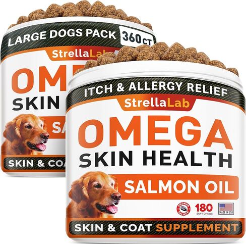 STRELLALAB Omega 3 for Dogs - (180Ct) Fish Oil Treats - Allergy & Itch Relief Skin & Coat Supplement - Dry Itchy Skin, Anti Shedding & Hot Spots Treatment - Pet Salmon Oil Chews - Chicken Flavor in Kuwait
