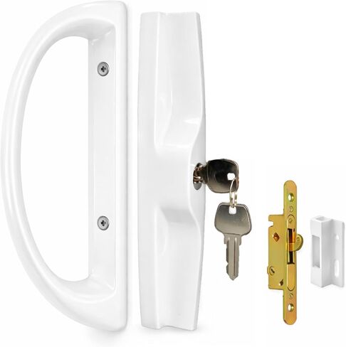 Sliding Glass Door Handle Set with Mortise Lock - Key Cylinder and Keeper, Replacement Handle Set Fits Door Thickness from 1-1/2" to 1-3/4", 3-15/16" Screw Hole Spacing, Keyed. (White) in Saudi Arabia