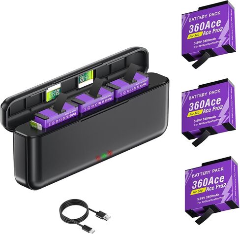 3 قطع بديلة لبطارية 360 Ace Pro 2 مع مجموعة شاحن، بطاريات 2400 مللي أمبير في الساعة مع محور شاحن عالمي LED ثلاثي القنوات لملحقات كاميرا الحركة Insta360 Ace/Ace Pro/Ace Pro 2 in Kuwait