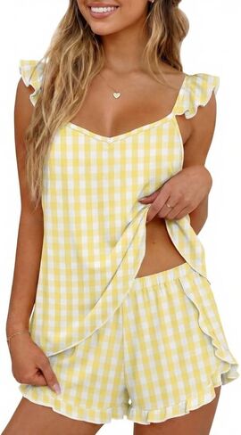 Ekouaer Womens Pajama Sets Ruffle Cami Top and Shorts 2 Piece Lounge Set Sleepwear, Summer Comfy Cute Bridal Pajama for Women in Saudi Arabia