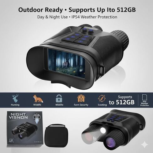 نظارات ومناظير للرؤية الليلية مثبتة على الرأس بدقة 4K للبالغين - منظار أحادي قابل لإعادة الشحن بالأشعة تحت الحمراء NVG سعة 32 جيجابايت مع تركيز يدوي وتكبير رقمي 8X للصيد والتخييم والمراقبة الخارجية in Kuwait