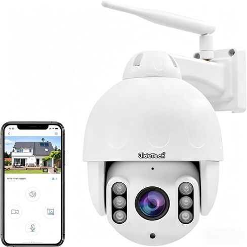 كاميرا JideTech 5MP PTZ WiFi خارجية، كاميرا IP قبة بتكبير بصري 5X، كاميرا أمان للتتبع التلقائي، رؤية ليلية بالأشعة تحت الحمراء بطول 196 قدمًا، اكتشاف الإنسان/الحركة، صوت ثنائي الاتجاه، مقاومة للماء IP66، فتحة بطاقة SD in Kuwait