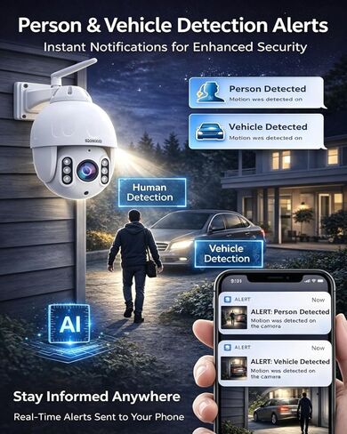 كاميرا JideTech 5MP PTZ WiFi خارجية، كاميرا IP قبة بتكبير بصري 5X، كاميرا أمان للتتبع التلقائي، رؤية ليلية بالأشعة تحت الحمراء بطول 196 قدمًا، اكتشاف الإنسان/الحركة، صوت ثنائي الاتجاه، مقاومة للماء IP66، فتحة بطاقة SD in Kuwait