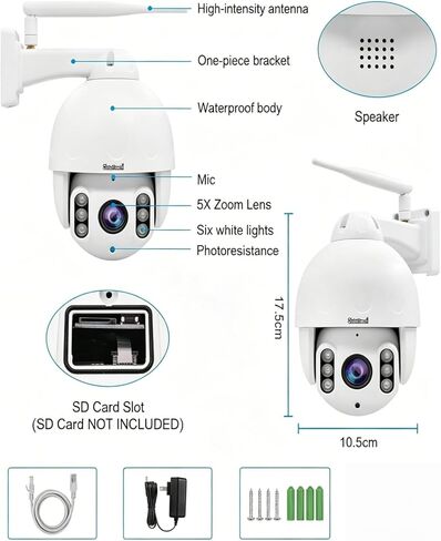 كاميرا JideTech 5MP PTZ WiFi خارجية، كاميرا IP قبة بتكبير بصري 5X، كاميرا أمان للتتبع التلقائي، رؤية ليلية بالأشعة تحت الحمراء بطول 196 قدمًا، اكتشاف الإنسان/الحركة، صوت ثنائي الاتجاه، مقاومة للماء IP66، فتحة بطاقة SD in Kuwait