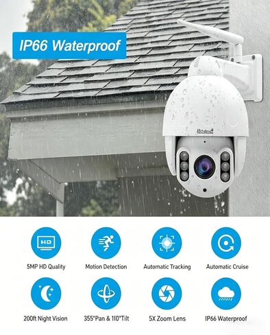 كاميرا JideTech 5MP PTZ WiFi خارجية، كاميرا IP قبة بتكبير بصري 5X، كاميرا أمان للتتبع التلقائي، رؤية ليلية بالأشعة تحت الحمراء بطول 196 قدمًا، اكتشاف الإنسان/الحركة، صوت ثنائي الاتجاه، مقاومة للماء IP66، فتحة بطاقة SD in Kuwait
