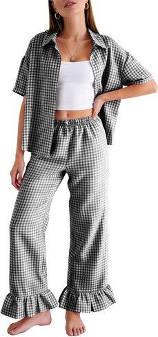 Flygo Womens Plaid Pajama Sets 2 Piece Gingham Cotton Pjs Loungewear Cute Button Down Shirts Trendy Ruffle Y2K Pants Sets in Saudi Arabia