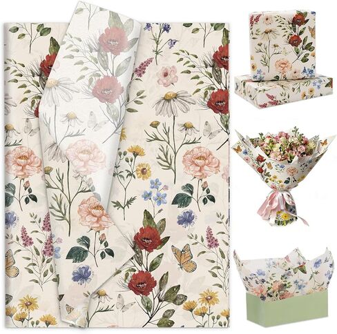 100 Sheets Floral Tissue Paper Vintage Wildflower Gift Wrapping Paper Butterfly Flower Printed DIY Art Craft Papers for Spring Wedding Bridal Shower Birthday, 14 x 20 Inch in Saudi Arabia