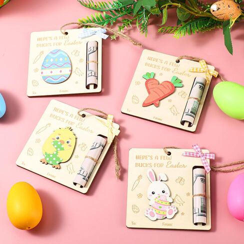 4 Pcs Easter Money Holders for Cash Gift Easter Wooden Money Holders Card Bunnies Ornaments Basket Tag Decorations Holiday Present Fun Bunny Decor Fillers Basket Stuffers for Holiday(Bunny) in Saudi Arabia