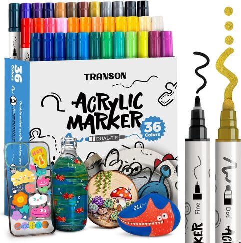 TRANSON 4 Black and 4 White Paint Markers Bold and Fine Dual-tip Acrylic Paint Marker Set for Rock Painting Glass Canvas Wood Leather Ceramic Painting in Kuwait
