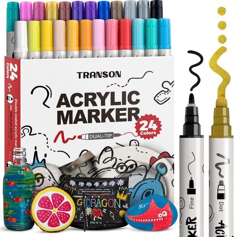 TRANSON 4 Black and 4 White Paint Markers Bold and Fine Dual-tip Acrylic Paint Marker Set for Rock Painting Glass Canvas Wood Leather Ceramic Painting in Kuwait