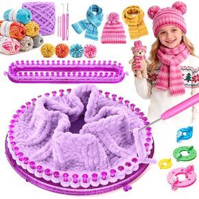 Knitting Loom Kit with Storage Bag, 2 Looms, Yarn, Pom Pom Maker & Crochet Hook, Beginner-Friendly Complete DIY Blanket Scarf Shawl, Christmas Birthday Gifts for Craft Lovers & Beginner, Pink in Kuwait