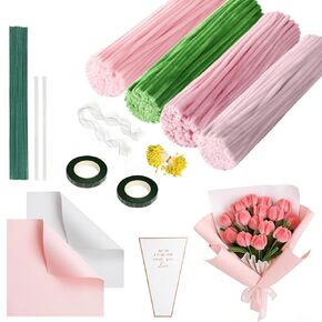 400 Pcs Pipe Cleaners Craft Flower kit with Wrapping Paper, 5 Assorted Colors Pipe Cleaners Bulk, Chenille Stems for DIY Flower Making Kit with Flower Stems, Tape, Glue Sticks, Stamen, Ribbon (Yellow) in Saudi Arabia
