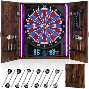 Electronic Dart Board, Electric Dartboard Cabinet Set for Adults [6 Soft Tip Darts] Individual Light Color for Each Player- Wooden Dartboard Cabinet for Family Game [Black] in Kuwait
