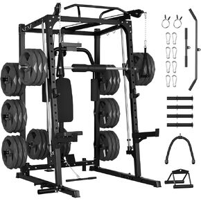 GarveeLife Smith Machine, 2000LBS Squat Rack for Home Gym, Multi-Function Power Cage Cable Crossover System Strength Training Equipment, Lat Pulldown Machines with 8 Weight Storage Pin, T-Bar and More in Saudi Arabia