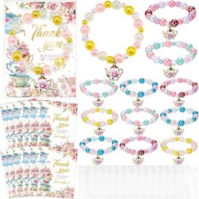 Misdary 6 Set Tea Party Favor Tea Bracelets for Girls Include Mini Flower Teapot Beaded Bracelet Thank You Cards Transparent Bags Gifts Teaparty Accessories for Kids Spring Birthday Decorations in Saudi Arabia