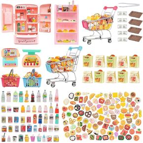 180 Pcs Dollhouse Furniture Miniature Kitchen Accessories Mini Shopping Cart Metal Trolley Basket Food Drink Toy Supermarket Store Grocery Shelves Cash Register Fridge Scale Pretend Play Game Party in Kuwait