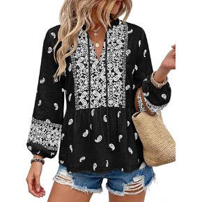 MASCOMODA Women Boho Babydoll Tops Spring Summer Casual V Neck Peplum Long Sleeve Blouses Flowy Shirts Beach Vacation Clothes(Black White Flower,X-Large) in Kuwait