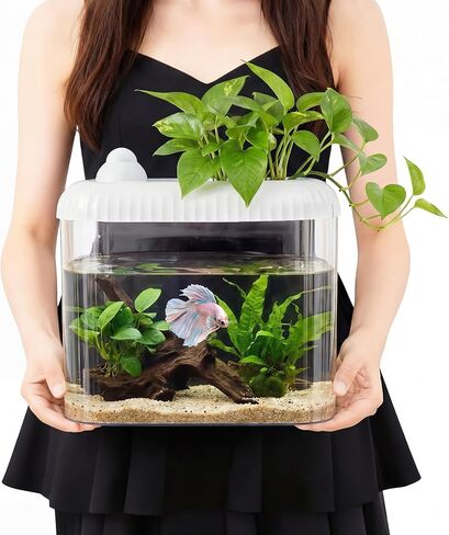 جيلين أبيض 2.5 جالون من البلاستيك Aquaponic Betta Fish Tank وعاء كبير مقاوم للكسر حوض السمك البيئي الصغير مع غطاء مشبك آمن، وضوح واضح لتررم، مزهرية زهور بيتا هدايا منضدية السمك in Kuwait
