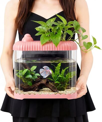 Geelin White 2.5 Gallon Plastic Aquaponic Betta Fish Tank Large Bowl Shatterproof Small Ecosystem Aquarium with Secure Buckle Lid, Clear Clarity for Terrarium, Flower Vase Betta Fish Tabletop Gifts in Saudi Arabia