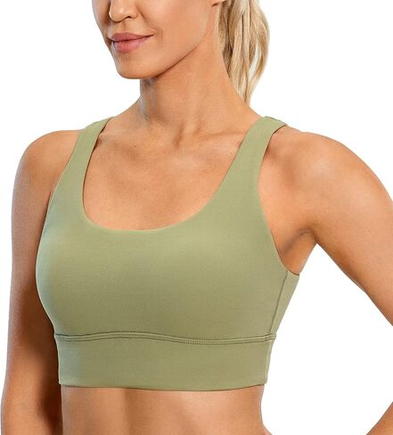CRZ YOGA Butterluxe U Back Longline Sports Bras for Women - Scoop Neck Padded Yoga Workout Crop Top with Built in Pads Legend Green Large in Kuwait