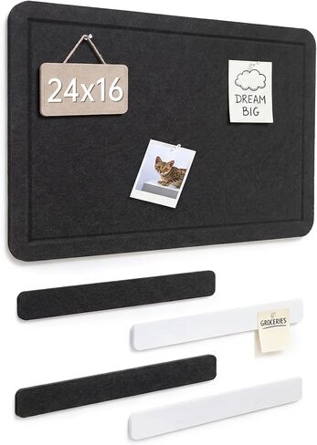 Cork Board Alternative, 24"X16" Felt Bulletin Board with 4-Pack 16"X2" Felt Strip Set - Pin Board for Home Office Classroom Wall, Removable Adhesive Install-Black in Saudi Arabia