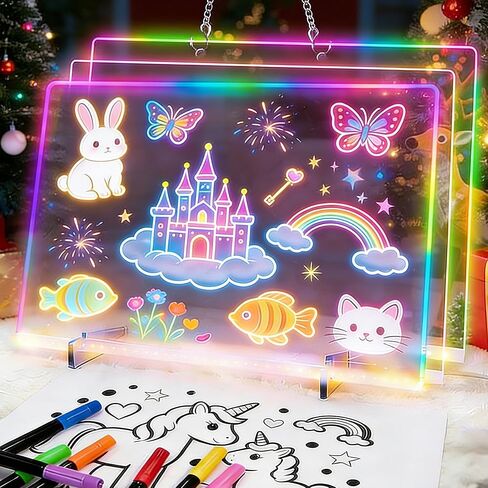 لوحة رسم LED للأطفال، لوحة ملاحظات LED مقاس 14 × 10 بوصة مع 7 تأثيرات ضوئية، لوحات مضيئة لرسائل مذكرة متوهجة من الأكريليك، لوحة سحرية فنية نيون مع 7 علامات، هدية عيد ميلاد للأطفال والبنات والمراهقين in Kuwait