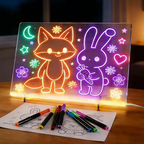 لوحة رسم LED للأطفال، لوحة ملاحظات LED مقاس 14 × 10 بوصة مع 7 تأثيرات ضوئية، لوحات مضيئة لرسائل مذكرة متوهجة من الأكريليك، لوحة سحرية فنية نيون مع 7 علامات، هدية عيد ميلاد للأطفال والبنات والمراهقين in Kuwait