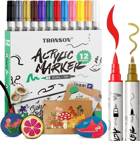 TRANSON 4 Black and 4 White Paint Markers Brush and Fine Dual-tip Acrylic Paint Marker Set for Rock Painting Glass Canvas Wood Leather Ceramic Painting in Kuwait