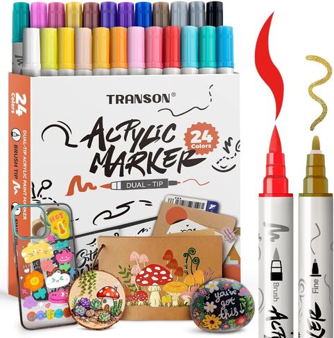 TRANSON 4 Black and 4 White Paint Markers Brush and Fine Dual-tip Acrylic Paint Marker Set for Rock Painting Glass Canvas Wood Leather Ceramic Painting in Kuwait