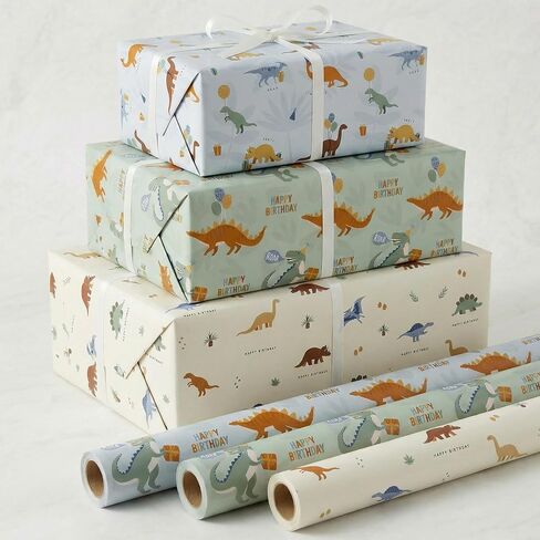 ZICOTO Beautiful Happy Birthday Wrapping Paper Roll Set for Boys - Cute Set of 3 Quality Rolls With Dinosaurs Design - Add a Touch of Magic to Every Kids & Baby Gift You Wrap - 17 x 120 in in Saudi Arabia