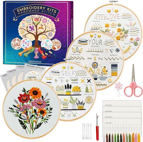 Huacan Embroidery Kit for Adults Beginner - Embroidery Kits for Adults Beginner 3 Pcs Stamped Heart Pattern, Hand Stitching Kit Art Craft, DIY Sewing Kit with Box 7.9 x 7.9 Inch in Saudi Arabia