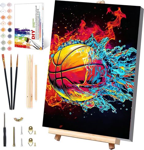 Basketball Paint by Numbers Kit for Kids with Framed Canvas - with Wooden Easel, Ball Sports Paint by Numbers for Kids Ages 8-12, Acrylic Oil Painting Kits with Nice Gift Box for Wall Decor 12x8 inch in Saudi Arabia