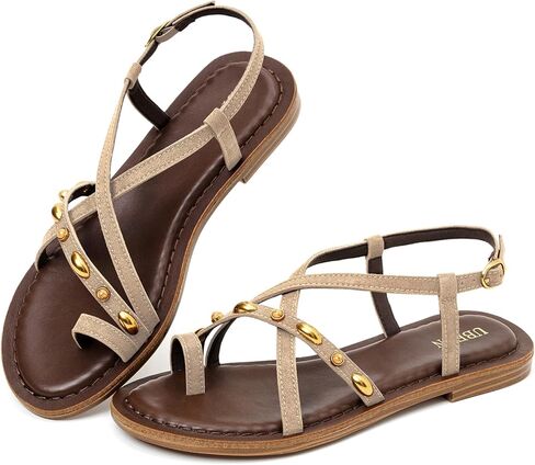 UBFEN Womens Gladiator Sandals Strappy Flat Sandals with Toe Ring | Studded Deco, Comfortable Cushioned, Adjustable Ankle Buckle, Hidden Elastic Band for Dressy, Casual, Travel in Saudi Arabia
