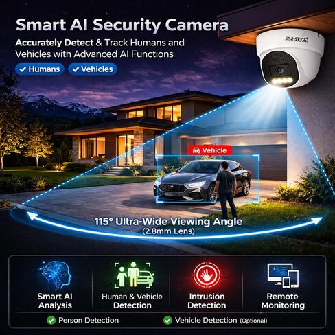 JideTech UltraHD 4K PoE Security Cmamera خارجي، كاميرا IP معدنية كاملة 8 ميجابكسل داخلية، عدسة 2.8 مم، زاوية واسعة، كشف حركة السيارة البشرية، رؤية ليلية مزدوجة الألوان بطول 98 قدمًا، ميكروفون مدمج، IP67 in Kuwait
