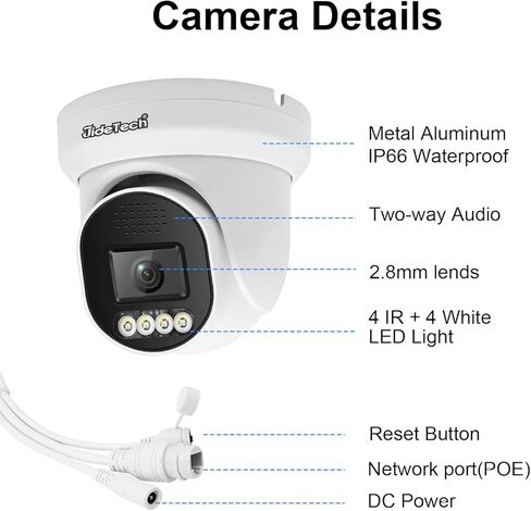 JideTech UltraHD 4K PoE Security Cmamera خارجي، كاميرا IP معدنية كاملة 8 ميجابكسل داخلية، عدسة 2.8 مم، زاوية واسعة، كشف حركة السيارة البشرية، رؤية ليلية مزدوجة الألوان بطول 98 قدمًا، ميكروفون مدمج، IP67 in Kuwait
