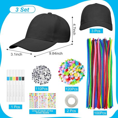 Cinrobiye 3 Pcs 100 Days of School DIY Hats 100th Day of School Adjustable Baseball Cap Craft Activity with Accessories in Kuwait
