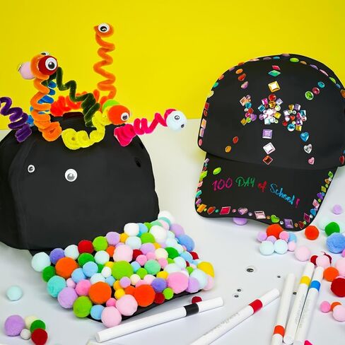 Cinrobiye 3 Pcs 100 Days of School DIY Hats 100th Day of School Adjustable Baseball Cap Craft Activity with Accessories in Kuwait