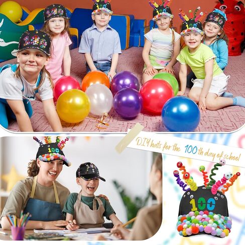 Cinrobiye 3 Pcs 100 Days of School DIY Hats 100th Day of School Adjustable Baseball Cap Craft Activity with Accessories in Kuwait