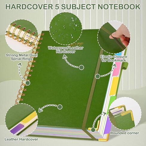 5 Subject Notebook with Removable Dividers Tabs, 300 Pages Leather Hardcover Spiral Notebook College Ruled, 8"x10" Large B5 Notebooks for Work School, Lined Journal for Women, Black in Saudi Arabia
