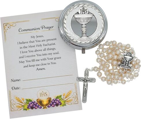 First Holy Communion Keepsake Rosary Box and Rosary | Includes First Eucharist Commemoration Prayer Card | Great Catholic Gift (Gold-Tone) in Saudi Arabia