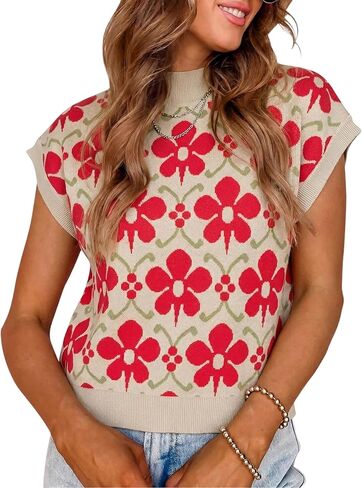 APAFES Women's Floral Sweater Vest Mock Neck Cap Sleeve Loose Fit Knit Vest Soft Casual Pullover for Spring Summer Fall in Saudi Arabia