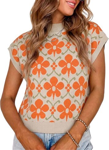 APAFES Women's Floral Sweater Vest Mock Neck Cap Sleeve Loose Fit Knit Vest Soft Casual Pullover for Spring Summer Fall in Saudi Arabia