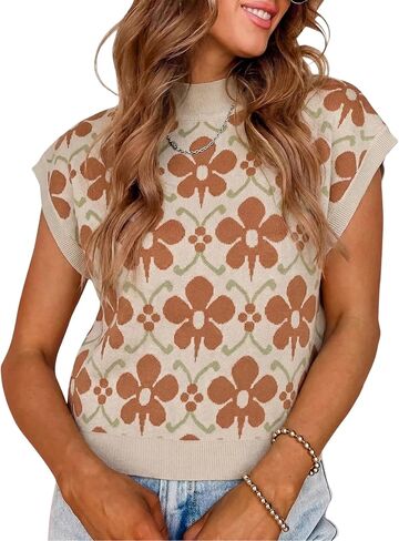 APAFES Women's Floral Sweater Vest Mock Neck Cap Sleeve Loose Fit Knit Vest Soft Casual Pullover for Spring Summer Fall in Saudi Arabia