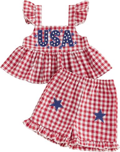 4th Of July Little Girl Outfit Stars/Striped Print Sleeveless Spaghetti Strap Ruffle Button Up Tops Bow Shorts Set in Saudi Arabia