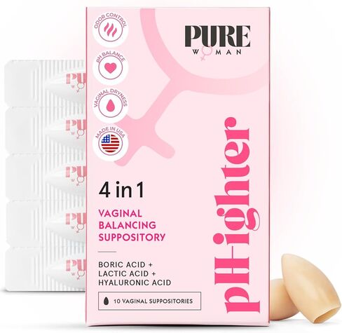 Pure WOMAN pH-ighter 10 تحاميل حمض البوريك المهبلية للنساء مع حمض الهيالورونيك، 4 في 1 تحميلة موازنة المهبل لالتهاب المهبل البكتيري، والحكة، وعدم الراحة، والروائح، والجفاف in Saudi Arabia